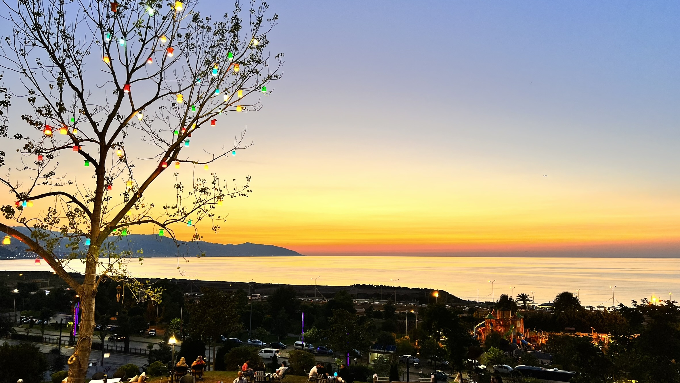 Coastal sunset with lantern tree