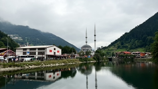 Uzungöl lake and mosque reflection
